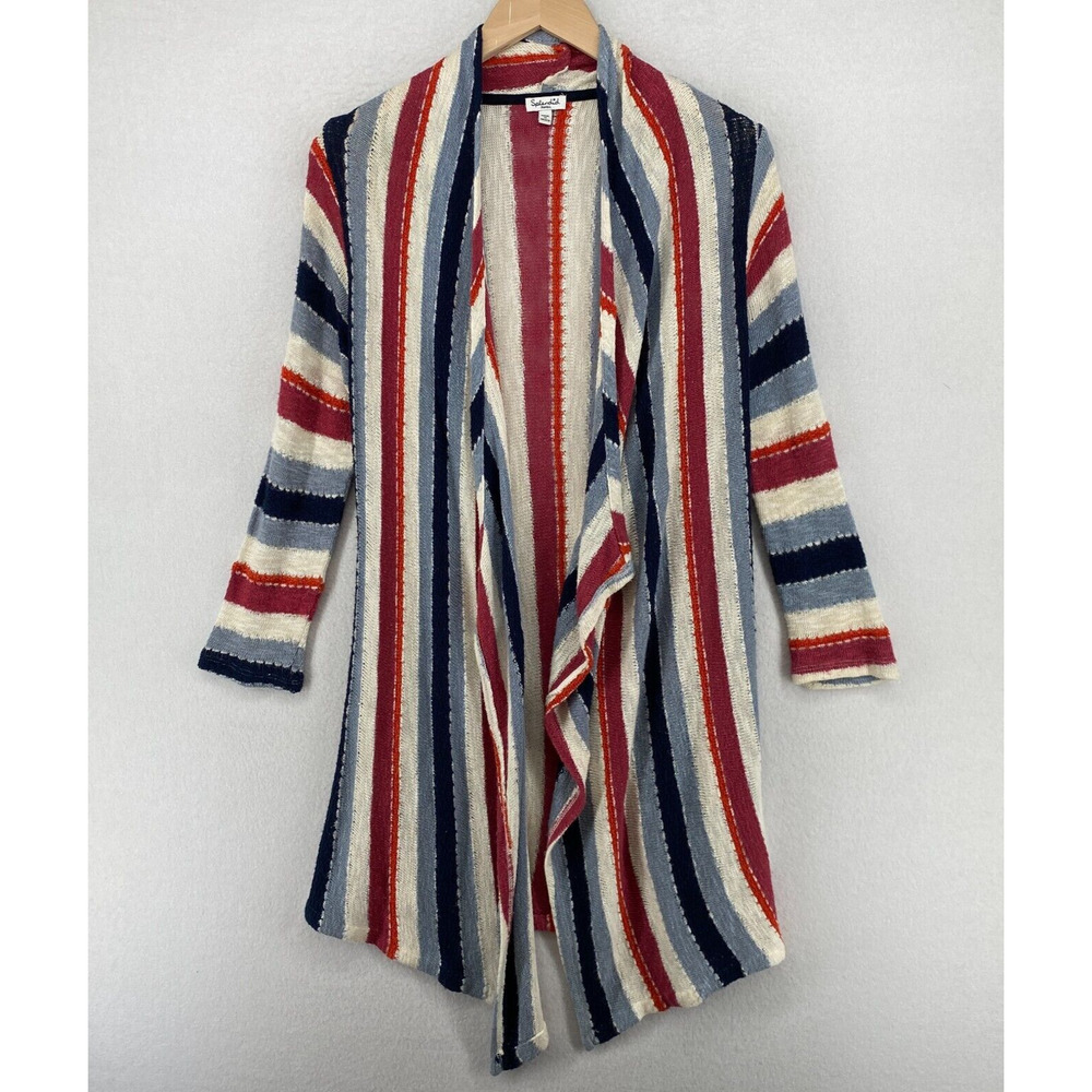 SPLENDID Sweater S Striped Duster Cardigan Drape Open Front Long Sleeve Red Blue